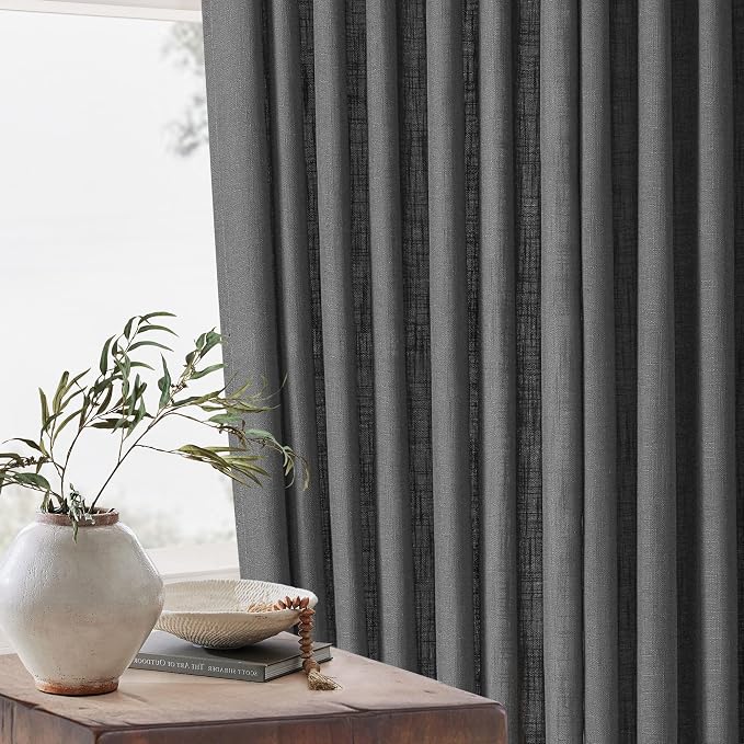Charcoal Grey Pleated Linen Semi Sheer Curtains 45 Inch Length 2 Panels | for Kitchen Small Bay Window Basement, Pinch Pleated with Hooks Rings Back Tab, Memory Shape, Thick Linen Semi Sheer, W40xL45