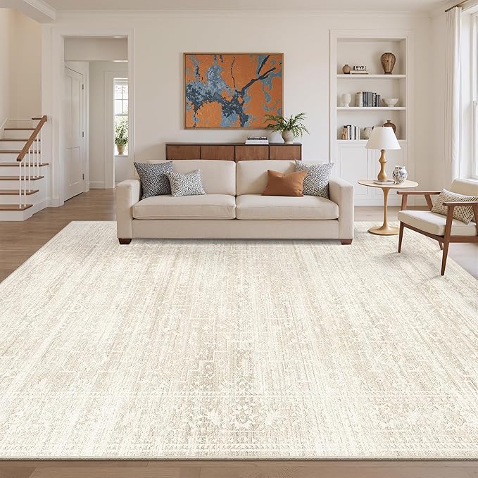 Soalmost Living Room 10x14 Area Rugs, Washable Soft Rug Beige/Cream | Low Pile Non-Slip Stain Resistant Extra Large Thin Rug, Vintage Throw Carpet for Dining Room Bedroom Farmhouse Home Office