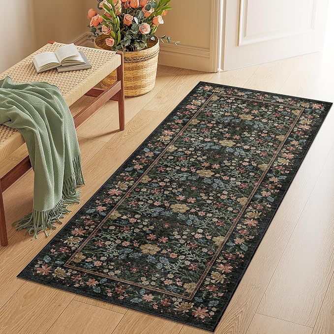 DUKINO 2x5 Rug Runner, Washable Vintage Floral Bathroom Rugs, Black | Non Slip, Low Pile, Stain Resistant, Lightweight Soft Carpet Runner for Laundry Room Kitchen Hallway Bedroom, Non-Shedding