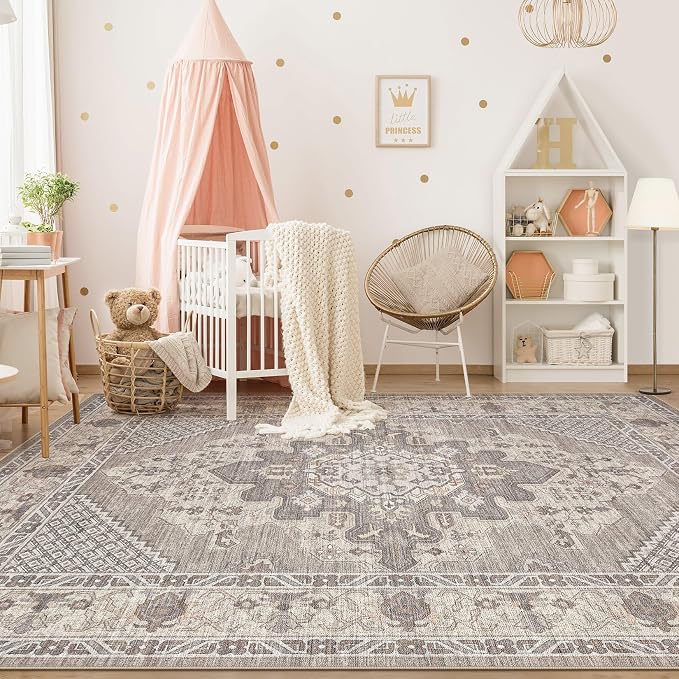 Tortania Area Rug Living Room Rugs - 9x12 Washable Boho Rug Vintage Oriental Distressed Farmhouse Large Thin Indoor Carpet for Living Room Bedroom Under Dining Table Home Office - Taupe Brown