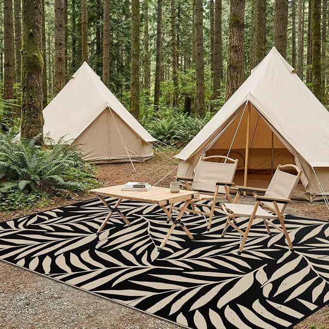 Smiry Outdoor Rug 9x12 ft, Waterproof Reversible Plastic Straw Rugs, Outdoor Area Rug with Leaf Pattern, Outside Floor Mat for Patio, Backyard, Deck, Picnic, Beach, Camping, Black & Beige