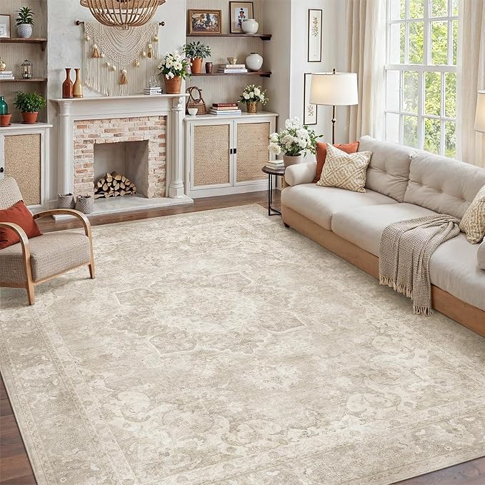 PureCozy 8x10 Area Rug Washable Beige Vintage Oriental Medallion | Non Slip, Soft Low Pile, Indoor Carpet for Living Room, Bedroom, Dining Room, Retro Decor