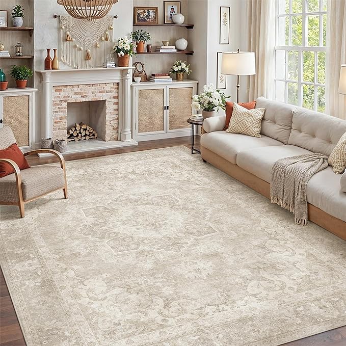 PureCozy 9x12 Area Rug Washable Beige Vintage Oriental Medallion | Non Slip, Soft Low Pile, Indoor Carpet for Living Room, Bedroom, Dining Room, Retro Decor