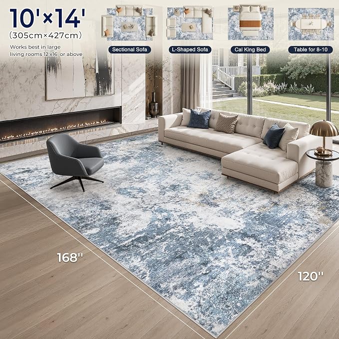 DMOYEST 10x14 Area Rug for Living Room, Washable & Non Slip Large Indoor Carpet, Kid & Pet Friendly Soft Thin Low Pile Abstract Rug for Bedroom and Office - Blue