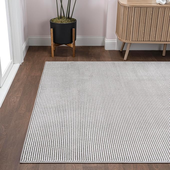 JONATHAN Y Cole Pinstripe High-Low Dark Silver/White Indoor Area Rug, 4x6, Modern, Minimalist, Easy-Cleaning for Living Room, Bedroom, Kitchen, Pet Friendly, Non-Shedding (CAR101E-4)