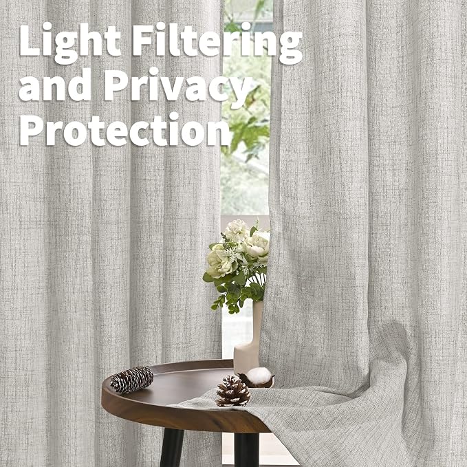 YoungsTex Light Grey Linen Curtains 63 Inches Long 2 Panels | Textured Light Filtering Window Drapes Semi Sheer with Bronze Grommet Privacy for Living Room Bedroom, 52 X 63 Inch