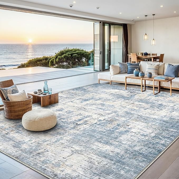 8x10 Area Rugs Washable Living Room Rug-No Slip Soft Carpets Modern Abstract Coastal Beach Indoor Floor Stain Resistant Large Carpet for Bedroom Dining Room Farmhouse Nursery Home Office Blue