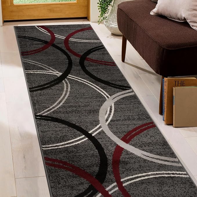 Rugshop Wavy Circles Modern Non-Shedding Runner Rug Red 2' x 7'2"