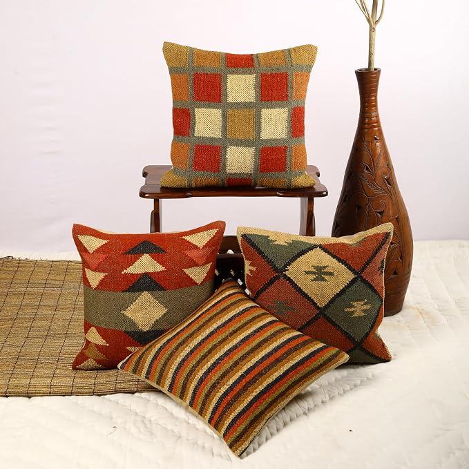 Trade Star 70% Jute 30% Wool Pillow Shams Ethnic Rug Pillow Covers Set of 4 Kilim Cushion Covers Handloomed Decorative Throw Pillow Cover Handwoven Pillowcase (Kilim 3)