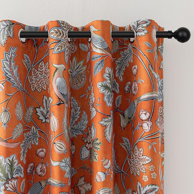 MYSKY HOME Floral Blackout Curtains 84 inch Long for Living Room Darkening Thermal Insulated Vintage Curtains Flower Bird Pattern Printed Grommet Drape for Dining Room Bedroom, 2 Pcs, 52" Wide, Orange