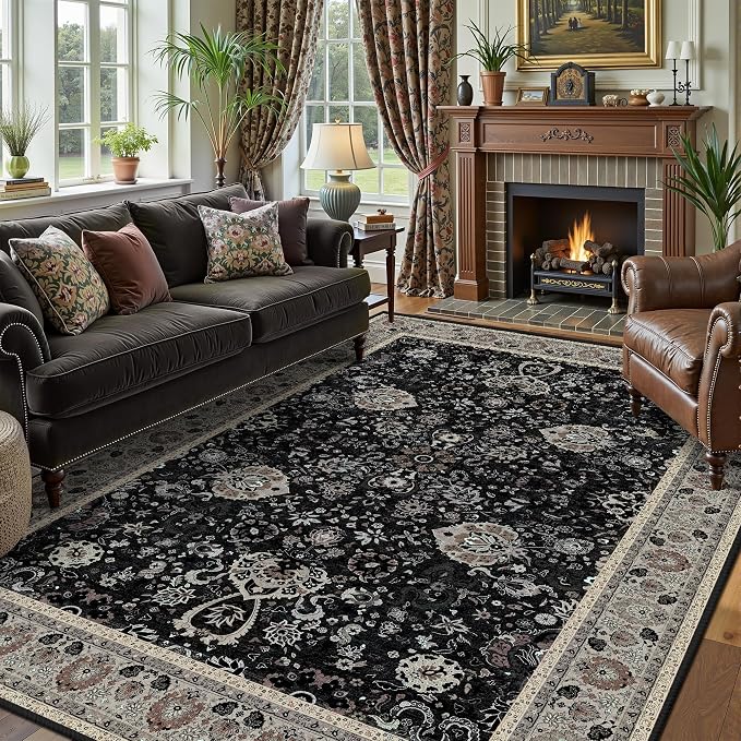 Floral Living Room Rug 5x7 Washable Rugs Boho Vintage Oriental Large Foldable Faux Wool Carpet for Bedroom Nursery Room Dorm Kids Playroom Home Office Blcak Navy Multi