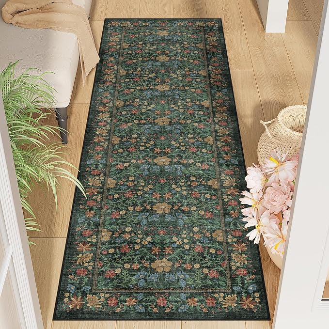 DUKINO 2x6 Runner Rug, Washable Vintage Floral Kitchen Rug, Green | Non Slip, Low Pile, Stain Resistant Boho Soft Throw Carpet Runner for Hallway Bathroom Laundry Bedroom Entryway, Non-Shedding