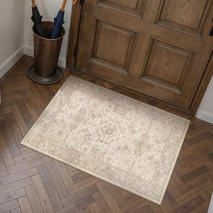 2x3 Beige Washable Area Rug Non Slip Vintage Doormat | Soft Low Pile, Lightweight Foldable, Pet Friendly, Entryway, Entrance, Kitchen, Bathroom, Laundry Room