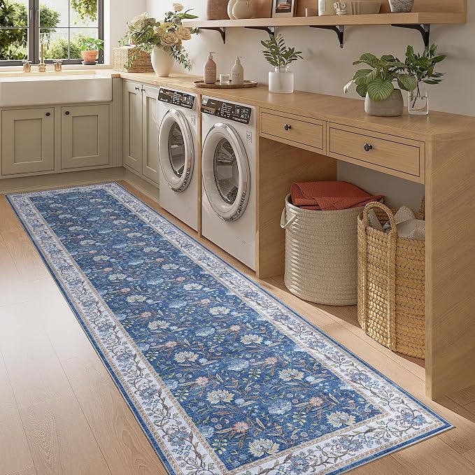 DUKINO 2.6x8 Runner Rug, Washable Vintage Floral Kitchen Runners, Sky Blue | Non Slip, Low Pile, Non-Shedding Soft Carpet for Hallway Bathroom Laundry Entryway Bedroom Farmhouse, Kids and Pets Friendly