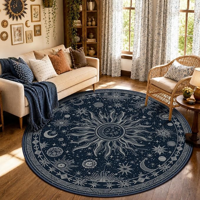 Vacuum-Friendly, Round 6ft Washable Area Rug, Blue Gray White | Sun and Moon Boho Gothic Non-Slip Low Pile Living Roon Bedroom Dining Room Kitchen Entry Entryway Entrance Hallway Doormat