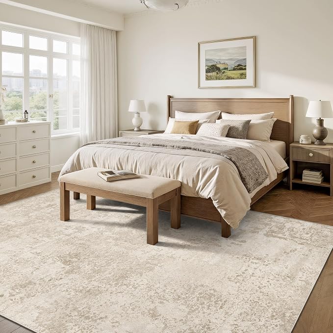 Art&Tuft Washable Rug, Ultra Thin Anti-Slip Backing Abstract 9x12 Area Rug, Low Pile Area Rugs 9x12 Living Room, Stain Resistant Foldable Machine Washable Area Rug (9'x12', Beige)