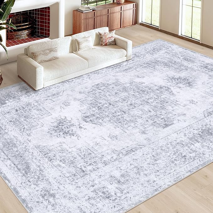 XLUEZ Area Rug 10x12 Living Room Rugs, Machine Washable Vintage Distressed Medallion Rug Non-Slip Soft Low Pile Large Indoor Rugs for Bedroom Kitchen Dining Room Office(Light Grey,10'x12')