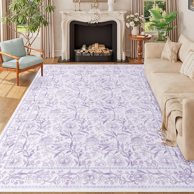 DUKINO 8x10 Area Rug, Vintage Floral Washable Rugs for Living Room, Purple | Non Slip, Low Pile, Non-Shedding, Stain Resistant Boho Soft Indoor Large Carpet for Bedroom Dining Room Farmhouse, Home Decor