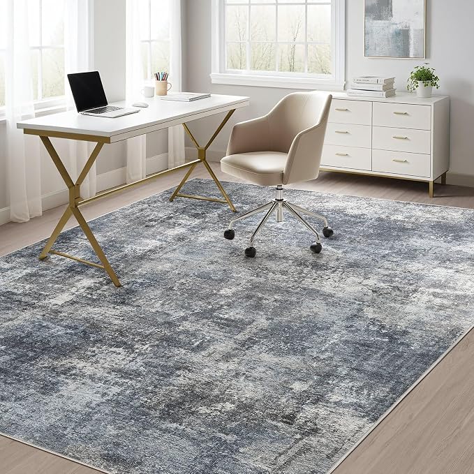 Abstract 9x12 Area Rug: Machine Washable Non Slip Ultra Thin Low-Pile Carpet, Soft Stain Resistant for Living Dining Room Bedroom, Kid Pet Friendly, Robot Vacuum Compatible - Dark Grey/Blue