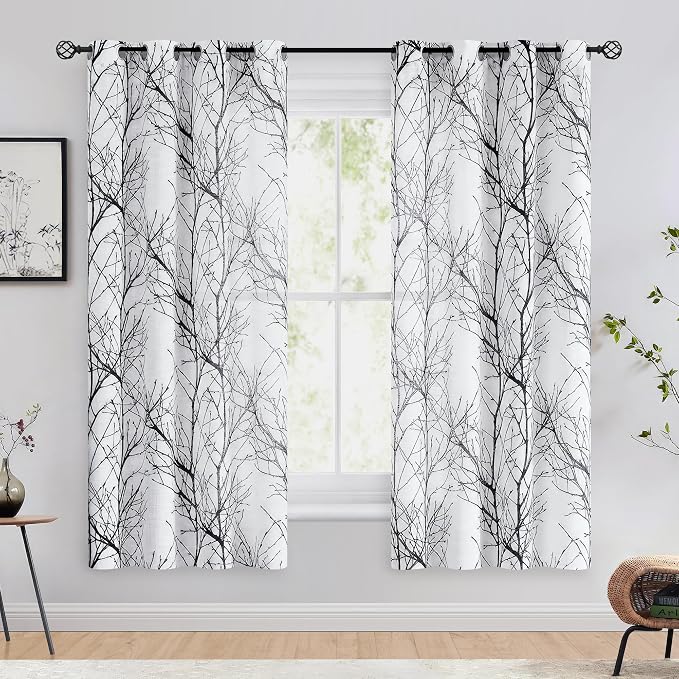 FMFUNCTEX Linen Black White Semi Sheer Print Curtains 63 Inch Long 2 Panels | Branch Sheer Patterned Drapes, Light Filtering Grommet Panels for Bedroom, Living Room, Basement, and Farmhouse Curtain