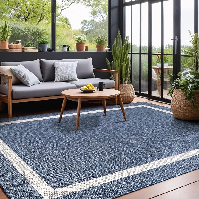 Luul Home Bordered Outdoor Rug 10x14 Washable Outside Carpet for Indoor Patio Porch Waterproof Easy Cleaning Non Shedding Area Rugs Blue 10 x 14