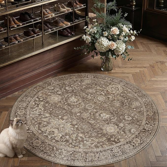 HUGEAR 5x5 Round Rugs Brown Washable Rug for Living Room Bedroom Large Neutral Vintage Rug Carpet Distressed Soft Durable Non Slip No Shedding for Indoor Dining Nursery Farmhouse