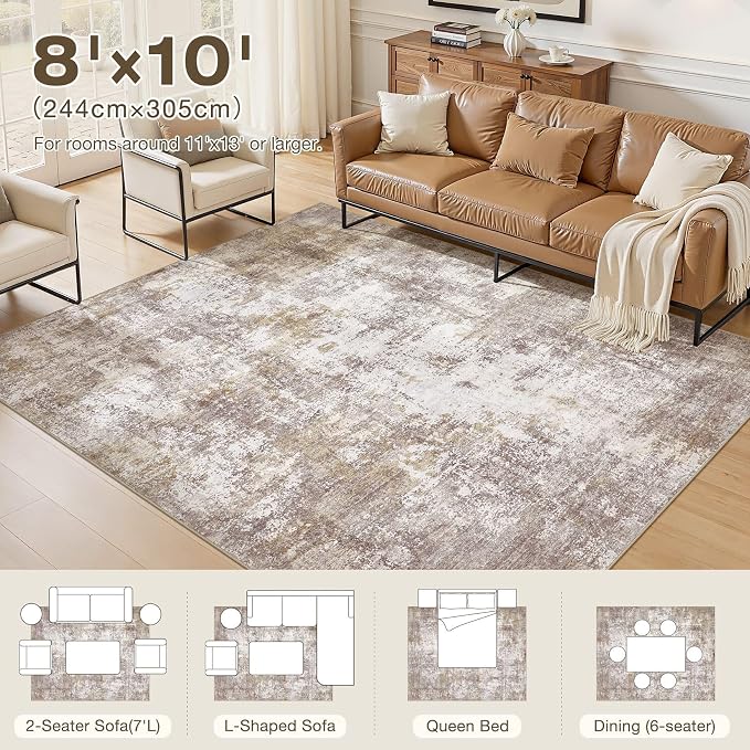8x12 Rugs for Living Room, Washable Non Slip Bedroom Large Area Rug | Neutral Modern Abstract Carpet, Stain Resistant Low Pile, Made for Farmhouse Dining Room, Nursery, Home Office - Gold Brown