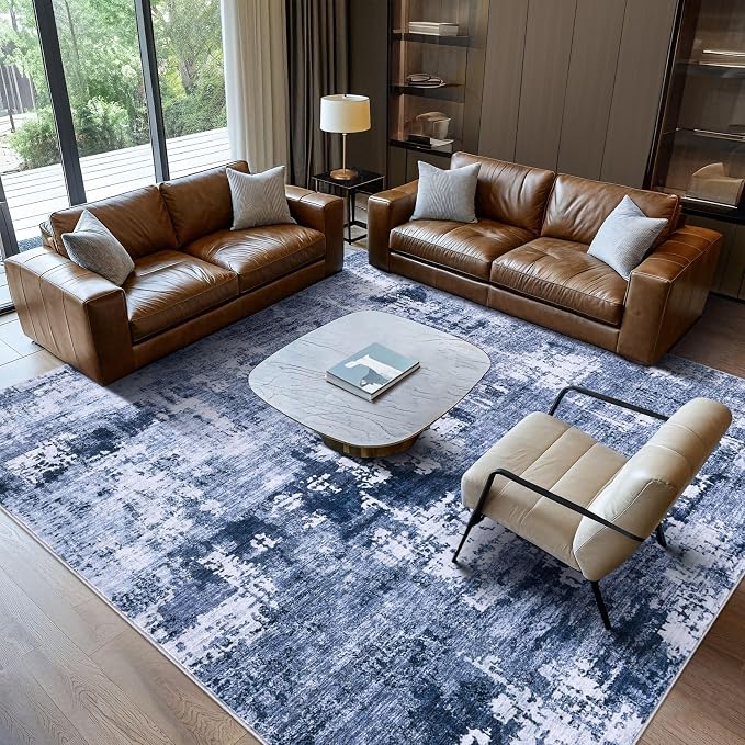 DMOYEST Area Rug Living Room Rugs - 8x10 Washable Large Soft Indoor Neutral Modern Abstract Low Pile Rug Carpet for Bedroom Dining Room Farmhouse Home Office - Navy Blue