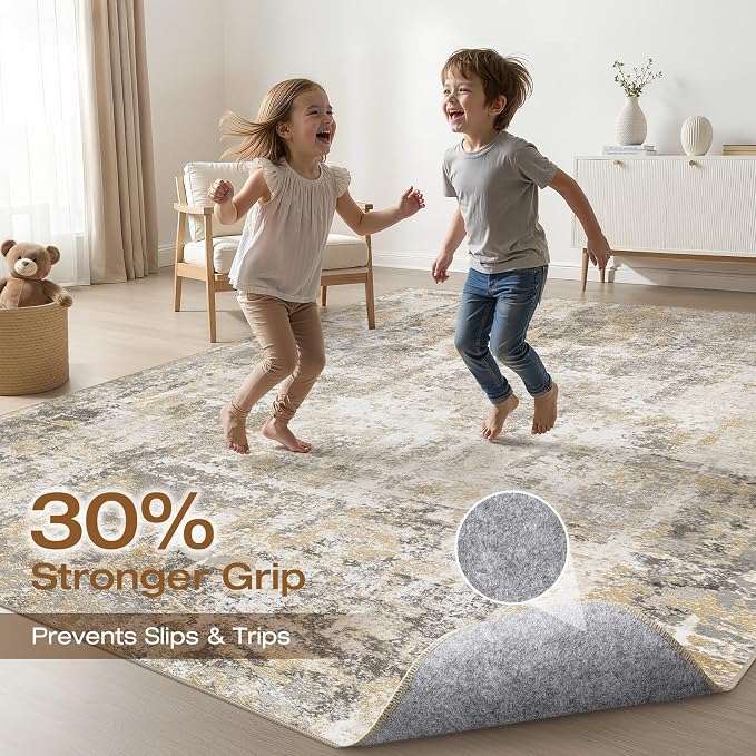 5x7 Area Rugs Living Room: Washable Large Neutral Gray Gold Rug Abstract Soft Modern Stain Resistant Indoor Floor Non-Slip Carpet for Bedroom Nursery Kids Office Playroom Dining Room Under Table Home