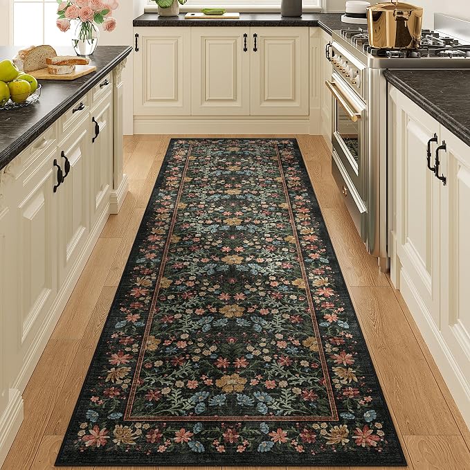 DUKINO 2.6x8 Runner Rug, Washable Vintage Floral Kitchen Rug, Black | Non Slip, Low Pile, Non-Shedding, Stain Resistant, Soft Throw Carpet Runner for Hallway Bathroom Laundry Entryway Farmhouse