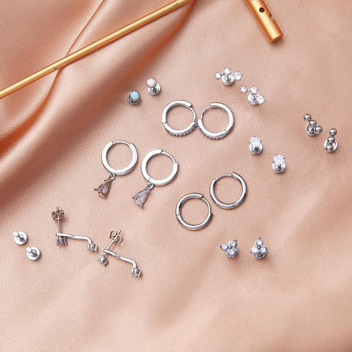 Stainless Steel Stud Earrings Set for Women Hypoallergenic Flat Back Cartilage Earrings Screw Back Huggie Hoop Earrings Multiple Piercing Cubic Zirconia Helix Tragus Jewelry
