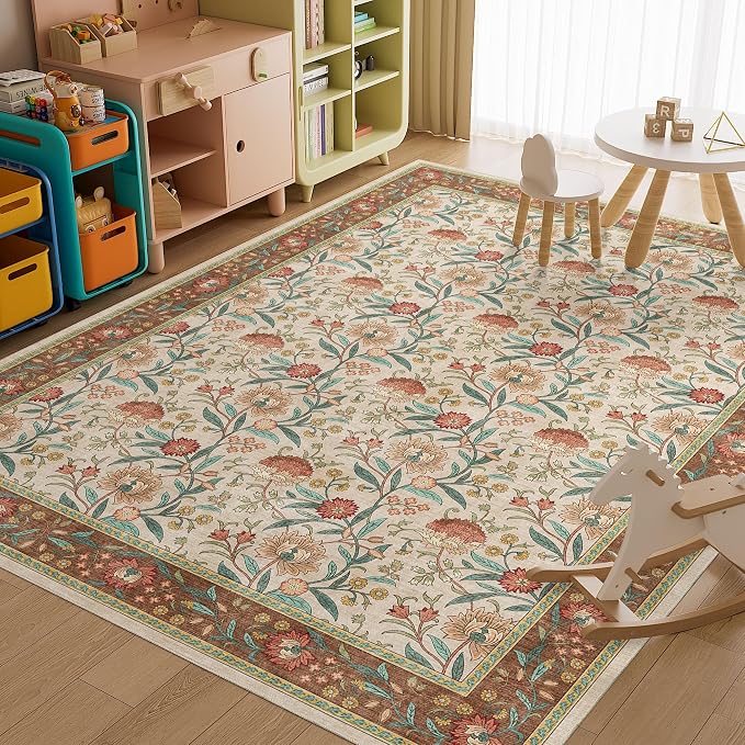 DUKINO 9x12 Area Rug for Living Room, Vintage Floral Washable Rug, Brown | Non Slip, Low Pile, Non-Shedding, Stain Resistant, Aesthetic Soft Indoor Large Carpet for Bedroom Dining Room Farmhouse