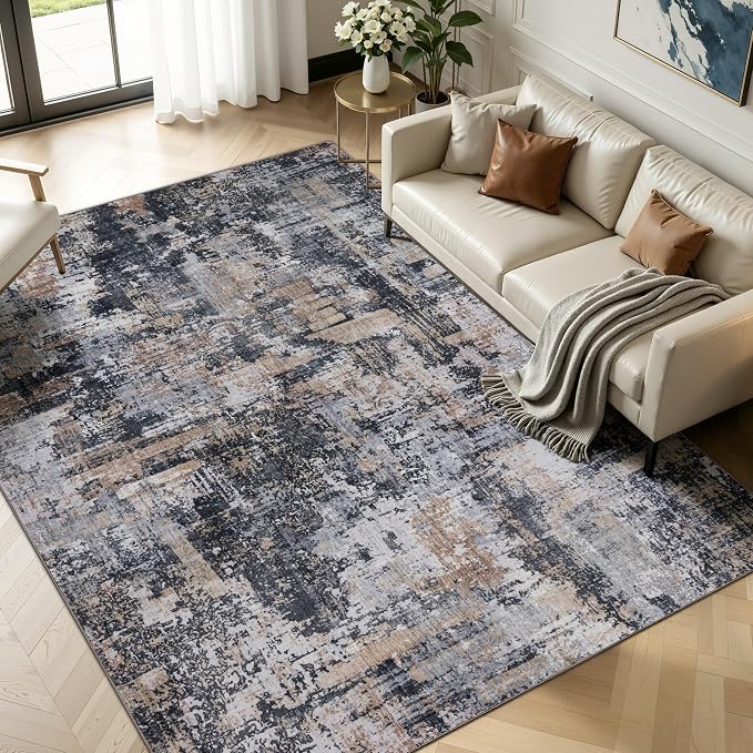 Sasttie 10x14 Soft Area Rug for Living Room, Modern Abstract Washable Large Carpet for Bedroom, with Non-Slip Backing, Black and Cream