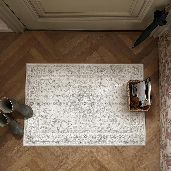 PureCozy 2x3 Washable Small Entryway Rug Gray Vintage Oriental Retro | Non Slip, Soft Low Pile, Door Mat for Bathroom, Indoor Entrance, Kitchen