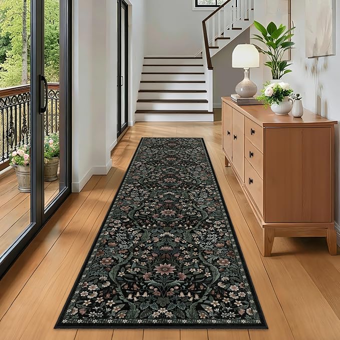 2x8 Washable Runner Rug,Black Floral Boho Area Rug for Hallway,Low-Pile Non-Slip Stain Resistant Carpet for Kitchen, Bedside,Laundry Room,Entryway