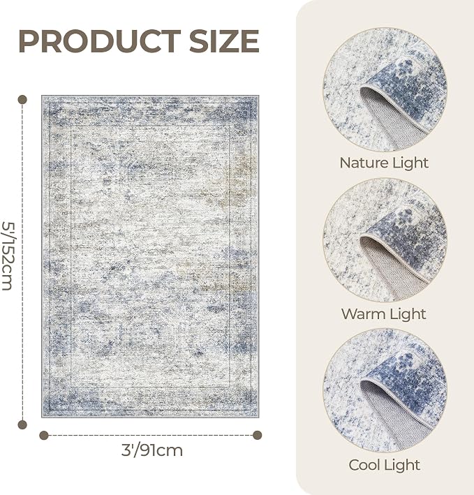 3x5 Rug for Entryway,Washable Area Rug,Blue | Small Rug for Kitchen,Hallway,Bedroom,Living Room,Dining Room,Thin,Soft, Neutral Rug,Stain Resistant Indoor Carpet,Non Slip
