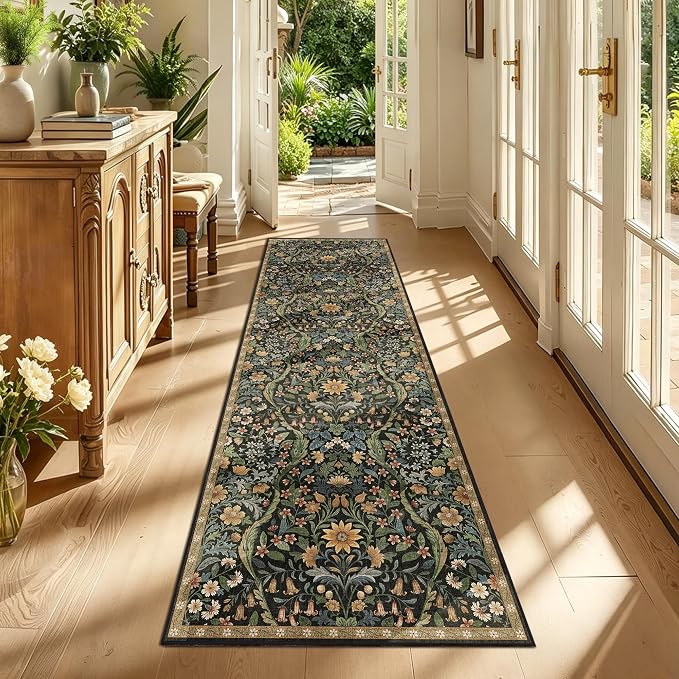2’6”x8’ Washable Runner Rug,Black Brown Floral Boho Area Rug for Hallway,Low-Pile Non-Slip Stain Resistant Carpet for Kitchen, Bedside,Laundry Room,Entryway