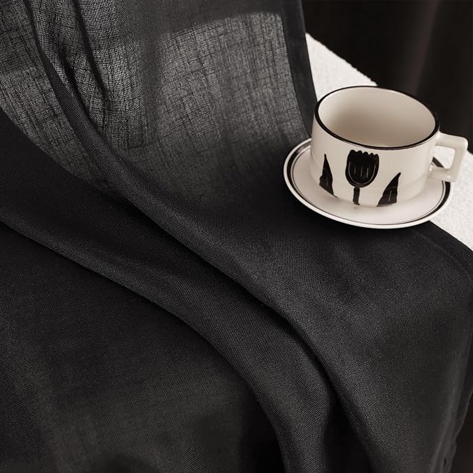 Black Linen Curtains 120 inches Long for Bedroom Back Tab Light Filtering Privacy Semi Sheer Black Curtains Living Room Boho Rustic Farmhouse Cotton Textured Gauze Curtain 2 Panel Set