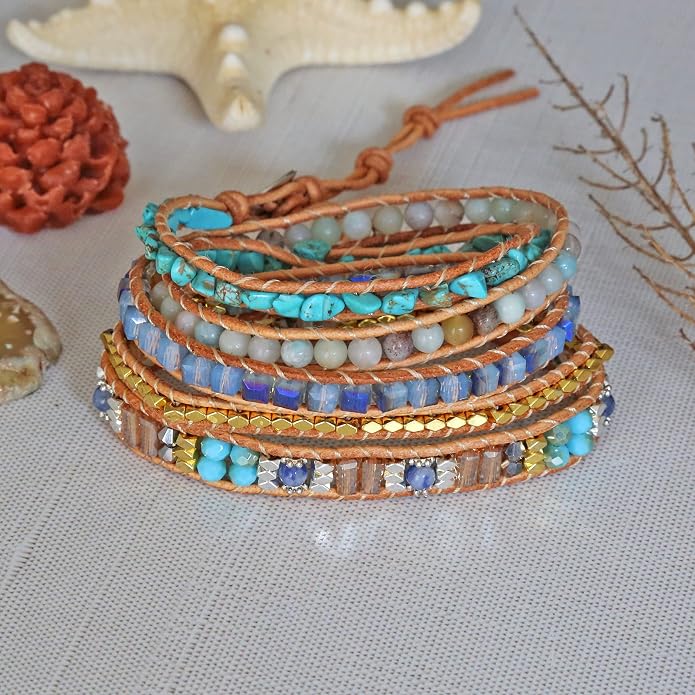MGR MY GEMS ROCK! 35-Inch Long Multi-Layer Hand Crafted Gemstone and Crystal Multi-Stone Beaded on Genuine Leather Boho Style Stackable Super Wrap Bracelet, up to 5 Wraps.