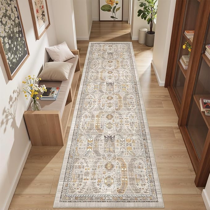 2'6" x 10'Non Slip Runner Rugs - Runners for hallways, Kitchen,Entryway,Stain Resistant Washable Rugs for Bedroom, Indoor Vintage Area Rugs (Brown/Gold,2'6" x 10')