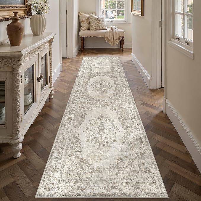 PureCozy 2'6"x10' Runner Rug Beige Washable Hallway Kitchen Bedroom Vintage Distressed Bathroom Non Slip Medallion Floral Carpet Indoor Retro Throw Floor Mat for Office Dining Laundry Living Room