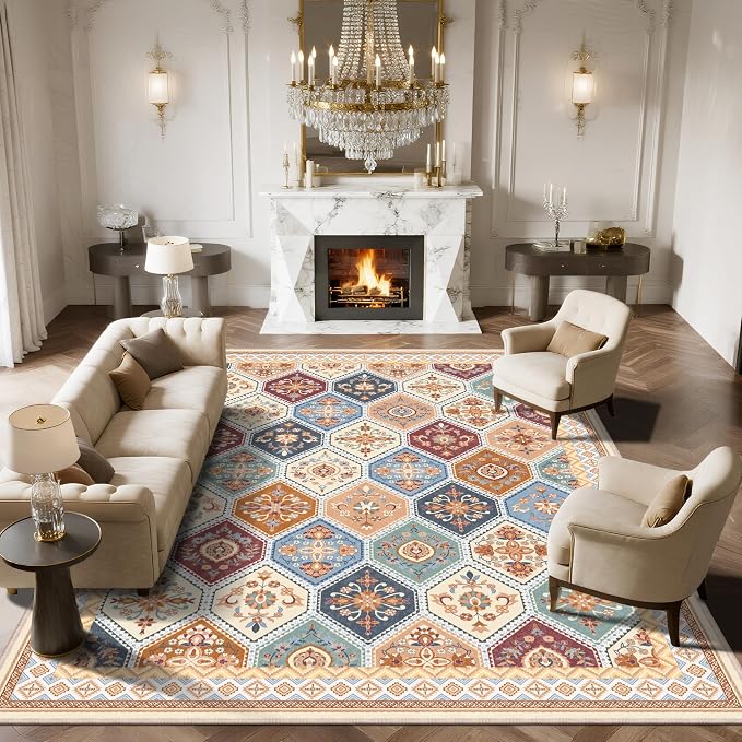 Area Rugs 9x12 Living Room, Soft Non-Slip Vintage Boho Moroccan Rug, Low-Pile Printed Washable Area Rugs Carpet for Living Room, Bedroom, Dining Room -Multi | Soft Low-Pile Printed Washable Area Rugs Carpet for Living Room, Bedroom, Dining Room - Multi