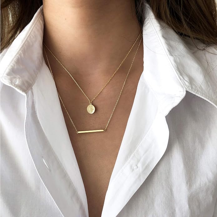 S.Leaf Gold Dainty Pendant Necklaces for Women Sterling Silver Gold Plated Layered Horizontal Vertical Bar Star Starburst Moon Cubic Zirconia Lariat Necklace for Women Trendy Gifts