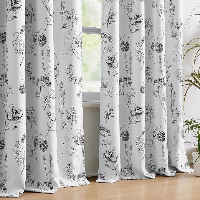 FMFUNCTEX 100% Blackout Black Floral Curtains 96 Inch Back Tab 2 Panels | Black Out Drapes, Thermal Insulated Cottage Farmhouse, Lichi Patterned Extra Long Curtain for Bedroom, Living Room Darkening
