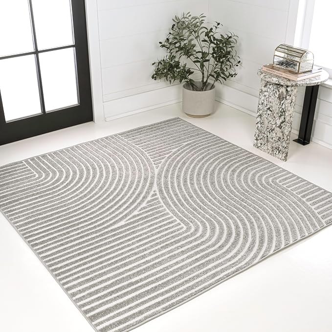 JONATHAN Y Hallie High-Low Curve Gray/Ivory 7x7 Square Indoor/Outdoor Area Rug, Minimalist, Pet Friendly, Non-Shedding, Stain Resistant, Hose-Washable for Backyard, Patio, Porch (SCN100A-7SQ)