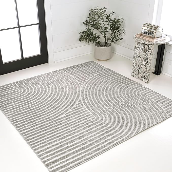 JONATHAN Y Hallie High-Low Curve Gray/Ivory 6x6 Square Indoor/Outdoor Area Rug, Minimalist, Pet Friendly, Non-Shedding, Stain Resistant, Hose-Washable for Backyard, Patio, Porch (SCN100A-6SQ)