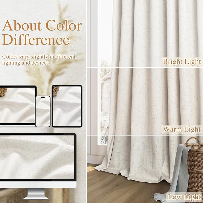 Beige White 100% Blackout Linen Curtains 104 Inch Length 2 Panels Set for Living Room Bedroom Back Tab Thermal Insulated Black Out Drapes Room Darkening Farmhouse Style for Bedroom Window Curtains