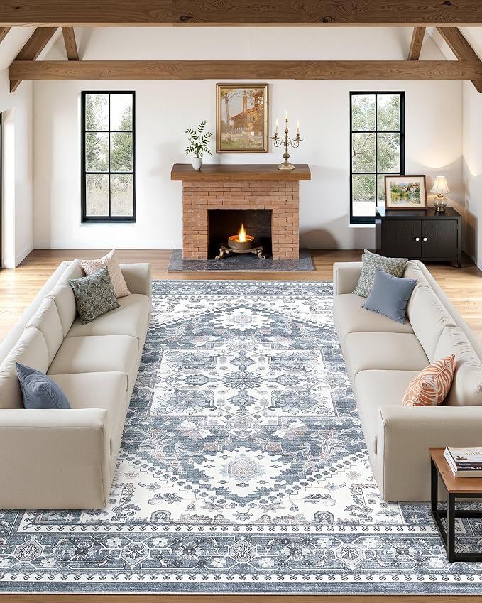 8x10 Vintage Area Rug: Washable Neutral Soft Non Slip Thin Large Floor Carpet for Living Room Bedroom Kitchen Dining Room Home Office Farmhouse Indoor - Blue