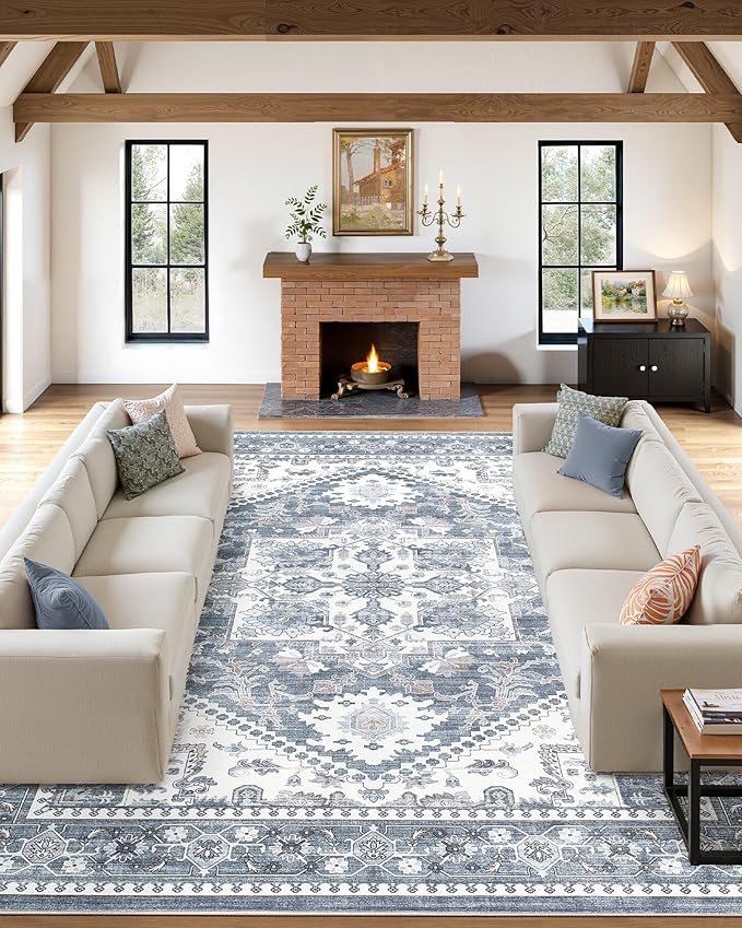10x14 Vintage Area Rug: Washable Neutral Soft Non Slip Thin Large Floor Carpet for Living Room Bedroom Kitchen Dining Room Home Office Farmhouse Indoor - Blue