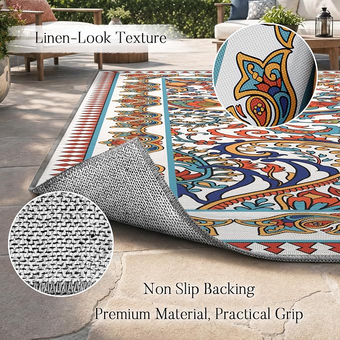 Arenarug Paisley Outdoor Rug Waterproof 9x12, UV Resistant Non Slip Patio Rug, Indoor Outdoor Boho Camping Rug Linen-Look RV Carpet for Deck Balcony Backyard, White Multi